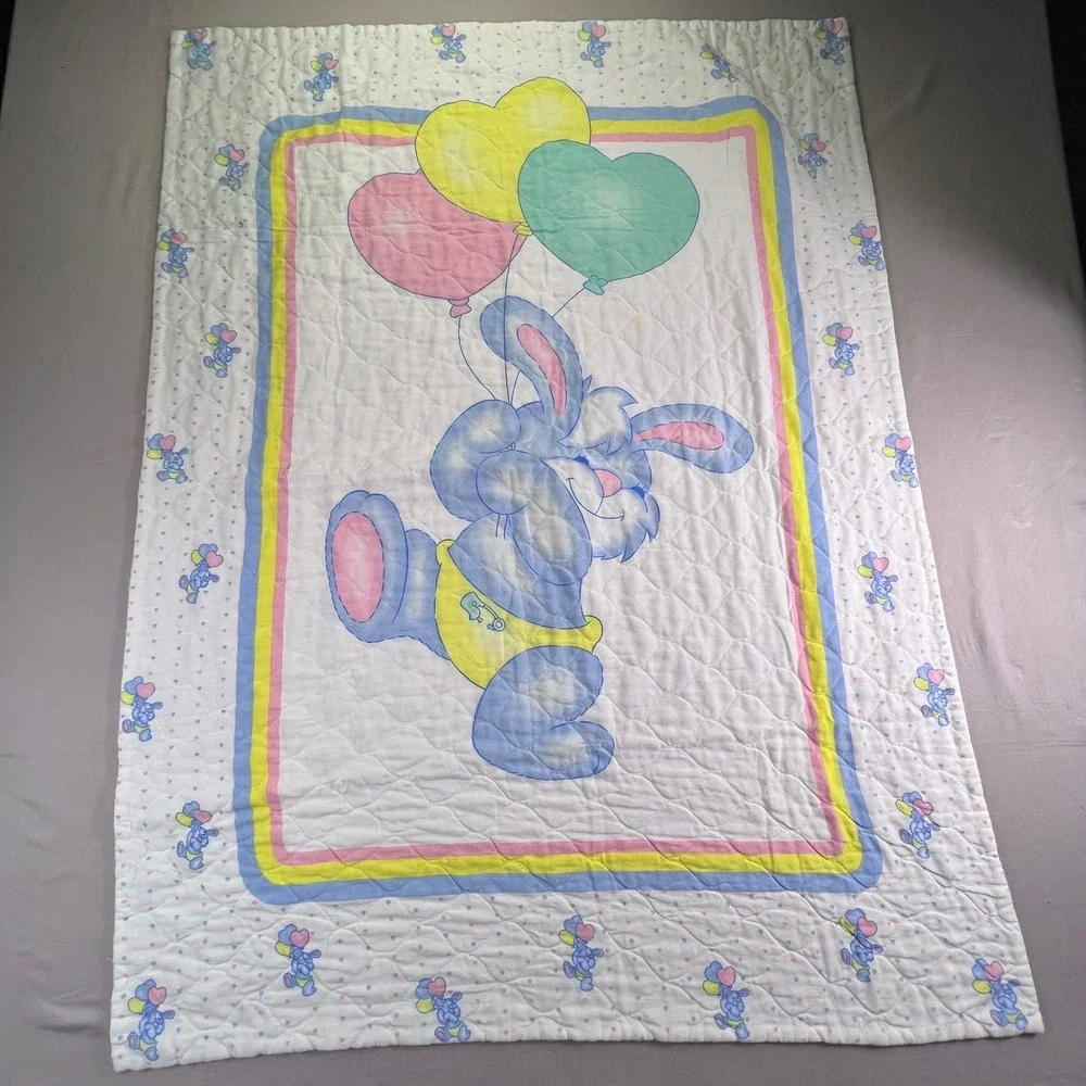 Vintage Quilted Baby Blanket Bunny Heart Balloons Polka Dot Reversible 20x30